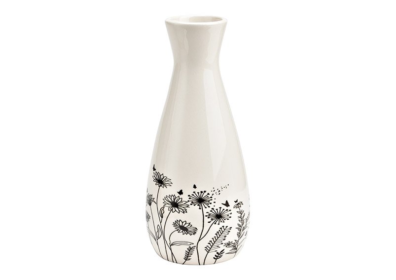 Vase mit Blumenwiesen Dekor aus Keramik schwarz, weiß (B/H/T) 7x16x7cm nur für Trockenblumen