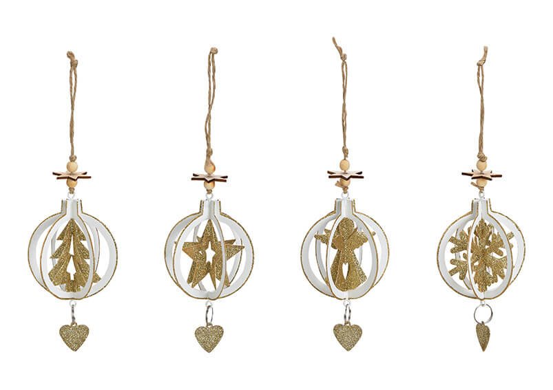 Weihnachtshänger Kugel, Engel, Baum Schneeflocke, Stern Dekor aus Metall Weiß, gold 4-fach, (B/H/T) 8x16x8cm Ø8cm