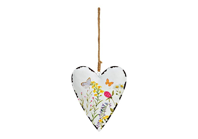 Hänger Herz mit Blumendekor aus Metall weiß (B/H/T) 13x16x2cm