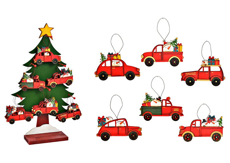 Kersthanger kerstauto 48 st. op boomstandaard 35x60x12cm gemaakt van hout gekleurd 6-voudig, (B/H) 14x8cm
