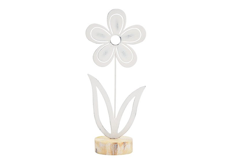 Flower on wooden base metal white (W/H/D) 10x22x6cm