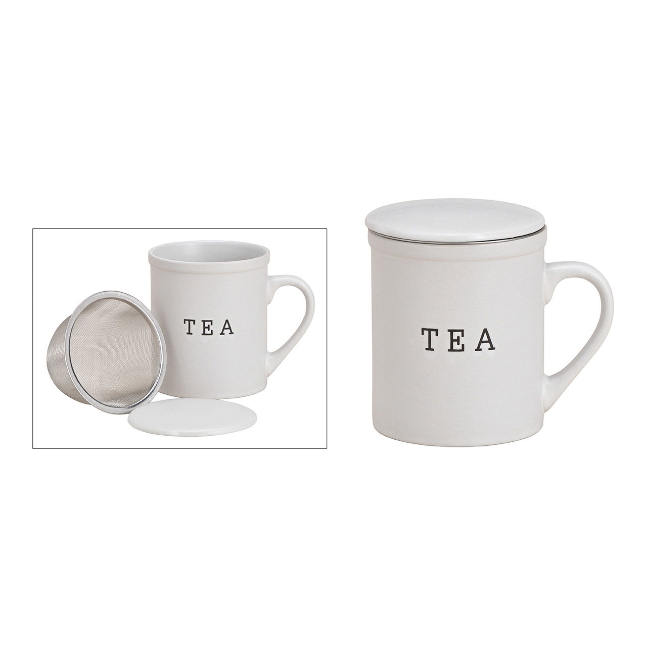 Teebecher TEA mit Metall Sieb aus Keramik Weiß (B/H/T) 11x10x8cm 340ml Teebecher TEA mit Metall Sieb aus Keramik Weiß (B/H/T) 11x10x8cm 340ml
