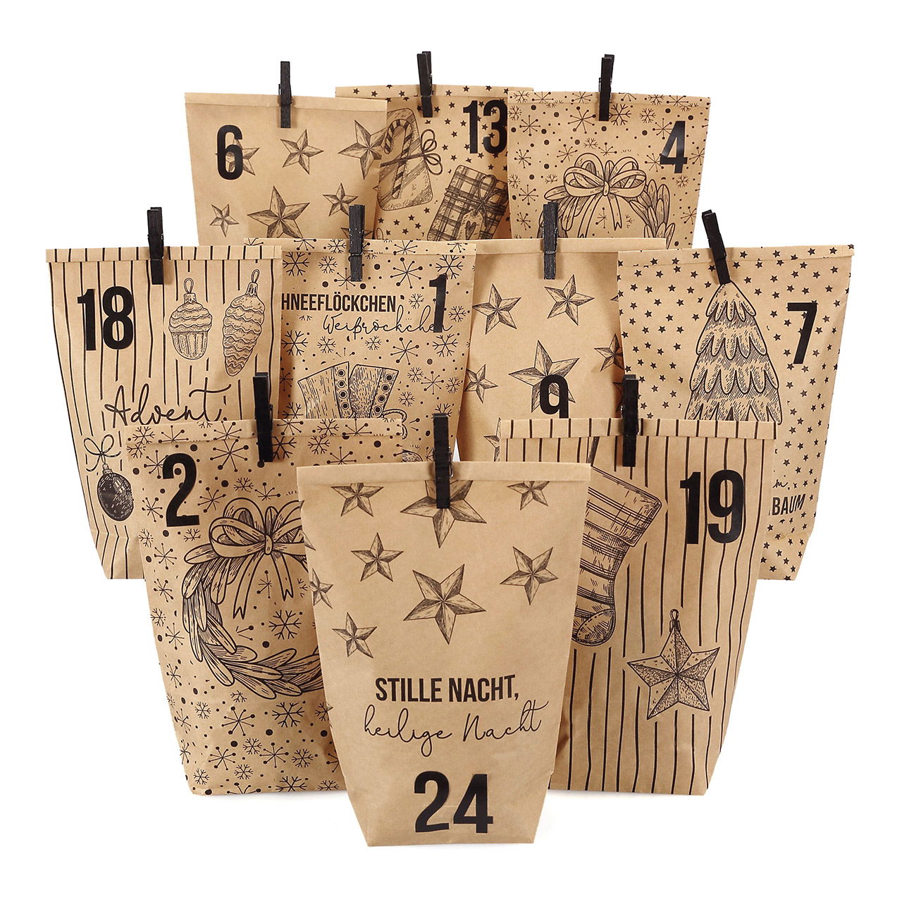 Adventskalender Weihnachtsmotive aus Packpapier, 24 bedruckte Tüten mit schwarzen Klammern, Braun, 72tlg. (B/H/T) 24x21x2cm