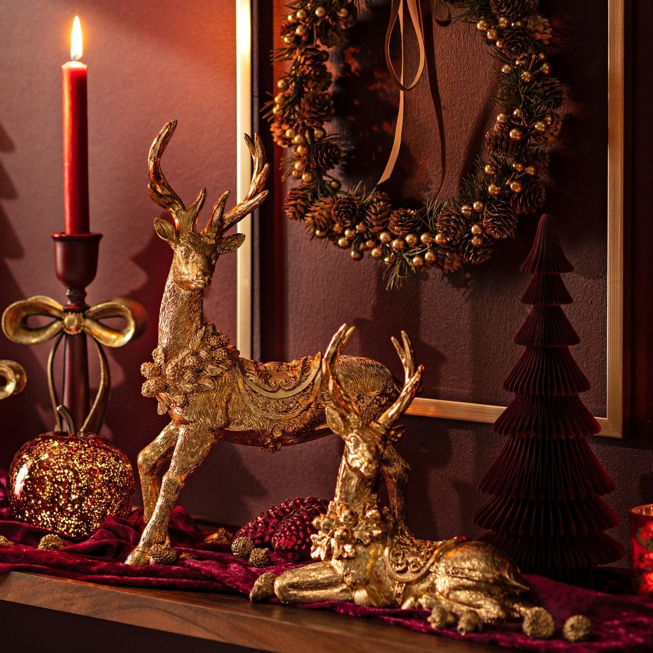 Weihnachtsdekoration, Rentier, Goldfarben, Kerzenhalter, Wreath