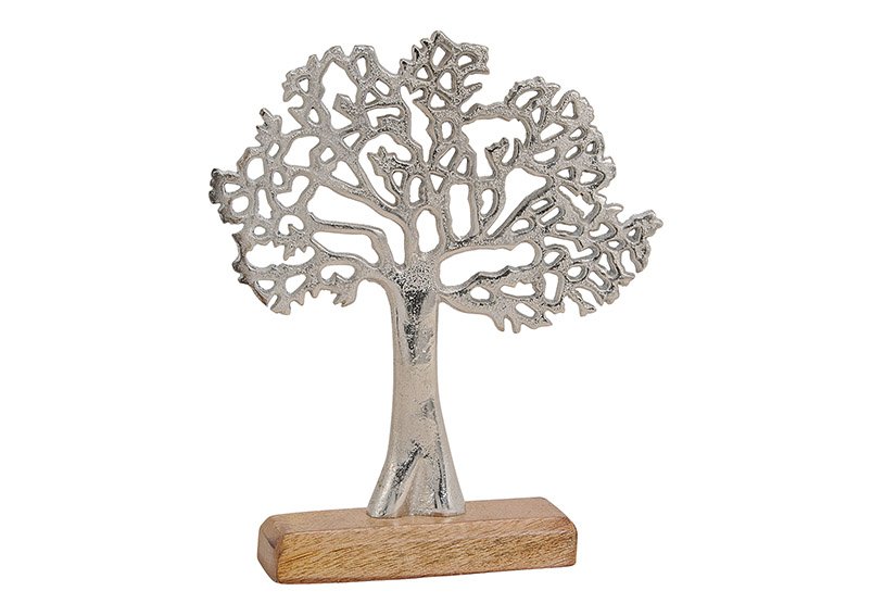 Tree made of metal, on mango wood base, silver, brown, 22x27x5cm