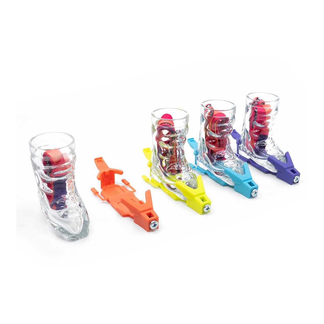 Apres-Allstars Chaussures de ski verre à liqueur set avec fixations, lanyards set de 4, en verre multicolore 4cl verre 69x36x74mm, fixations 110x38x24mm