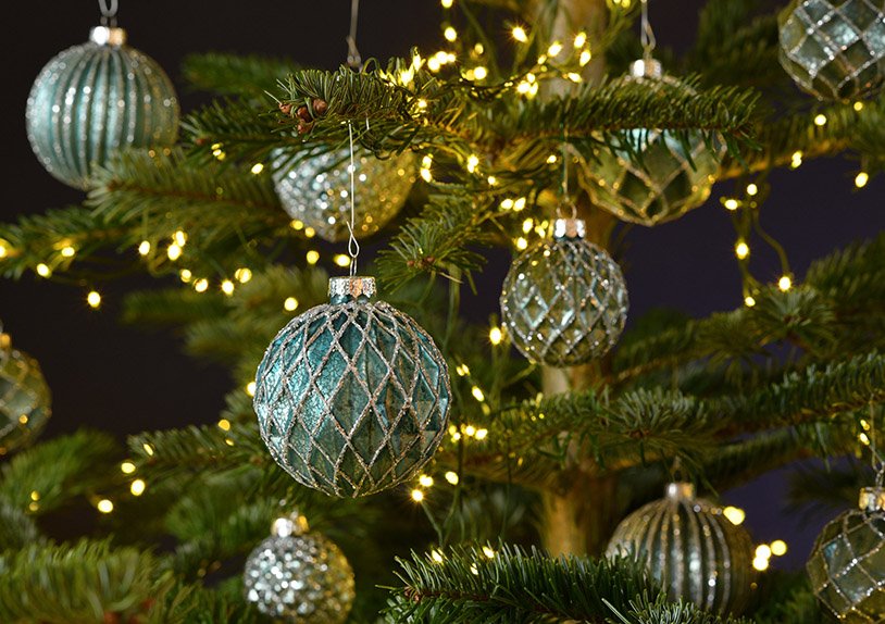 Weihnachtskugel Glitter aus Glas Türkis, silber 4-fach, (B/H/T) 8x8x8cm