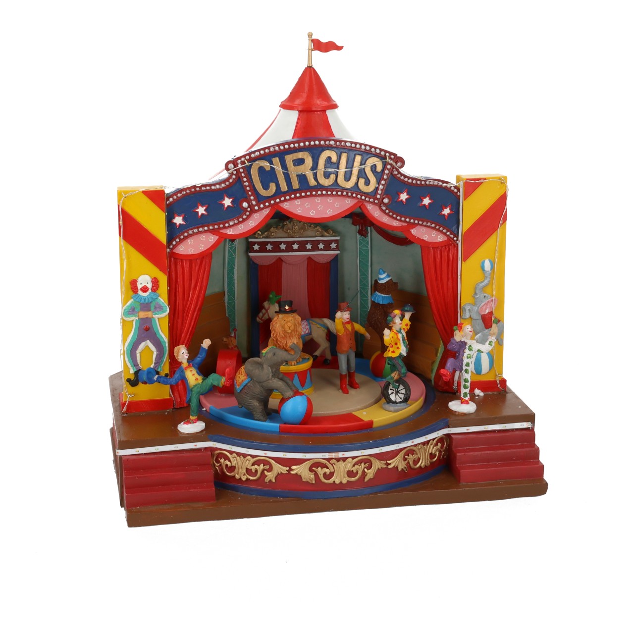 Zirkus-Szene, Stable Bühne, Figuren, Trommel, bunter Aufbau