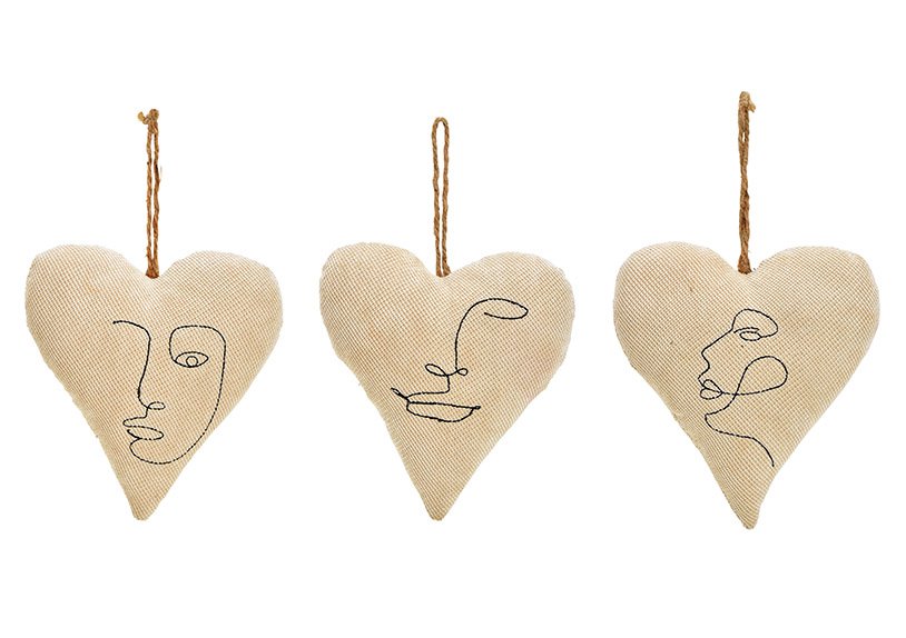 Hanger heart, face decor from textile beige 3-ass, 16x18x7cm