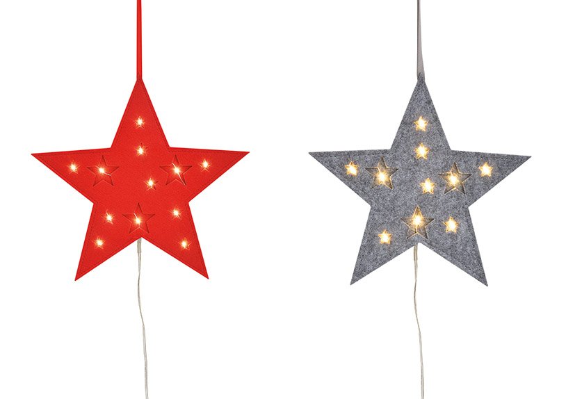 Hanger star with 10 led light made of felt gray, red 2-fold, ( w / h) 20x20cm
