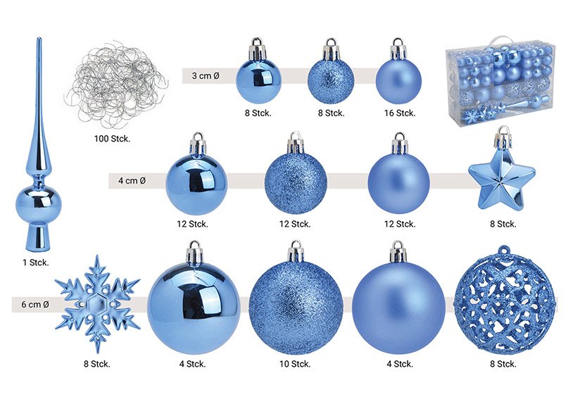 Plastic Christmas ball set tile blue, set of 111, (W/H/D) 23x35x12cm Ø3/4/6cm
