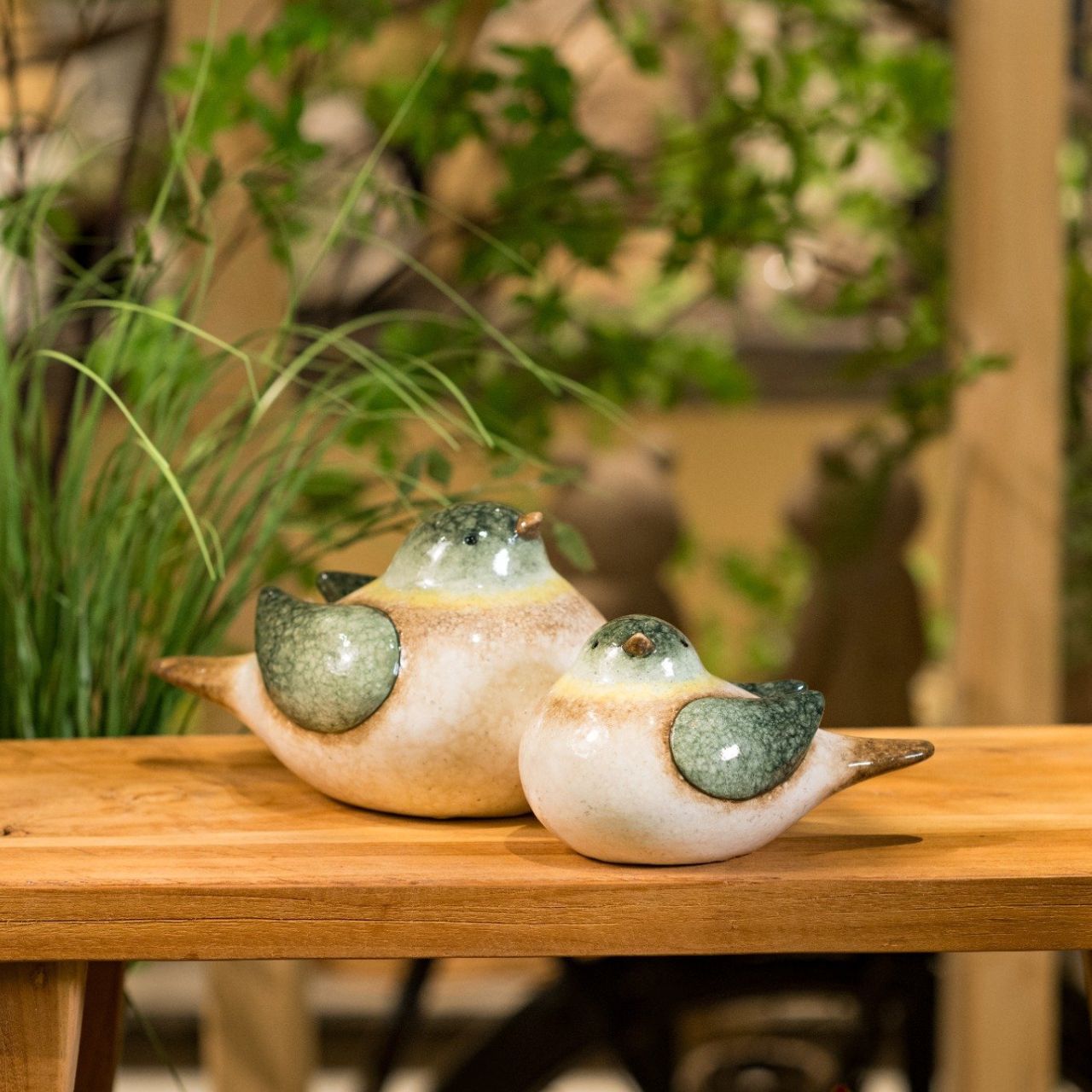 Pájaro de cerámica natural, verde 2 pliegues, (A/A/P) 20x12x13cm Töpferei, Topfpflanze, Tabelle, Topf, Tischplatte