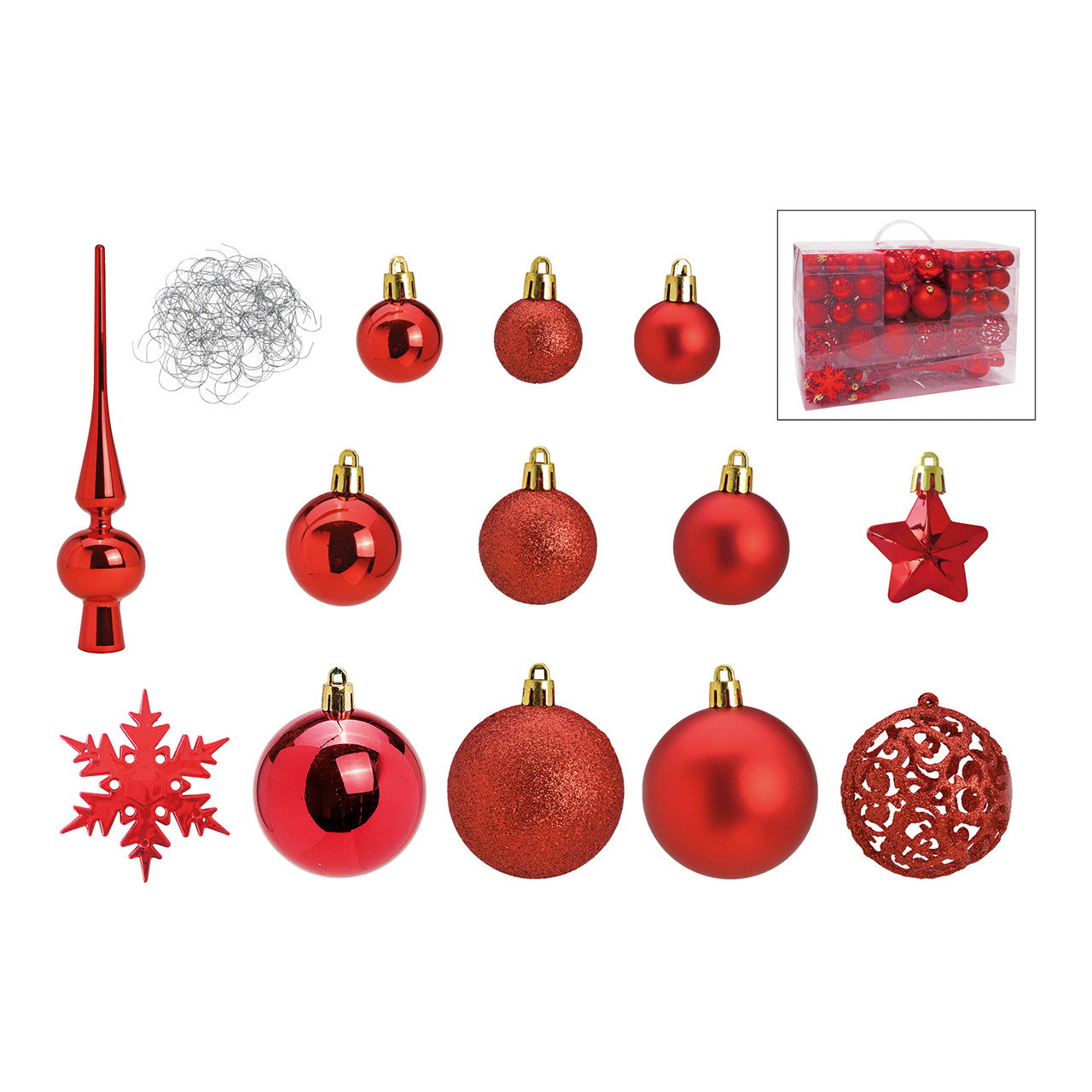 Set di palline di Natale in plastica rosse 111 pezzi, (L/H/D) 36x23x12cm Ø 3/4/6 cm