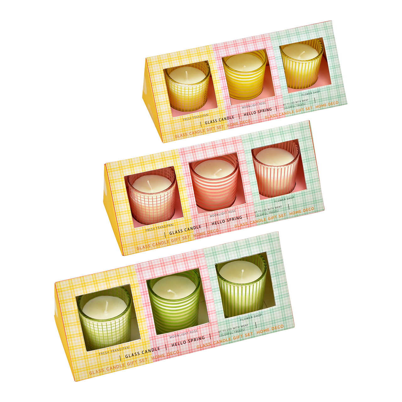 Glass lantern with candle, set of 3, triple, yellow/pink/green 135g (W/H/D) 5x6x5cm/22x8x8cm