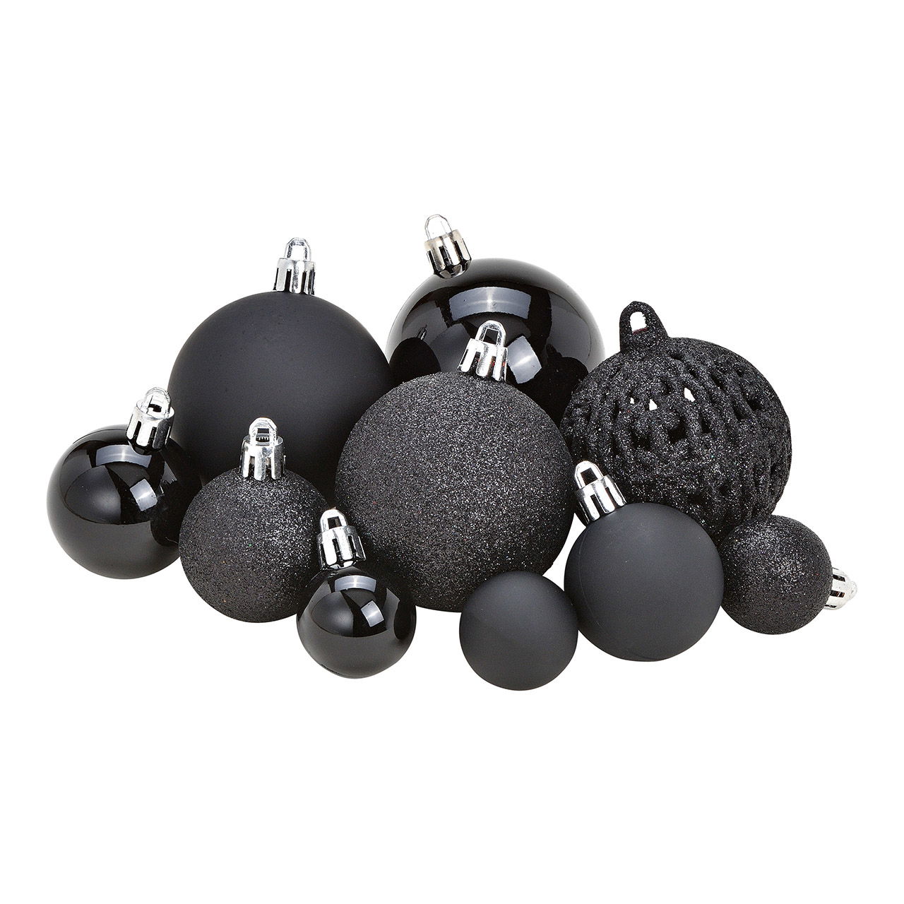Weihnachtskugeln aus Kunststoff, 100er-Set, Schwarz Ø3/4/6cm (B/H/T) 35x23x12cm