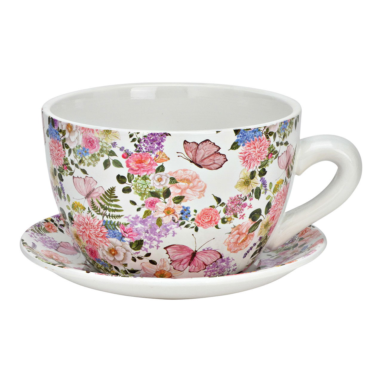 Pflanztasse Blumen Dekor aus Keramik, Rosa/Grün/Weiß (B/H/T) 25x14x23cm Pflanztasse Blumen Dekor aus Keramik, Rosa/Grün/Weiß (B/H/T) 25x14x23cm
