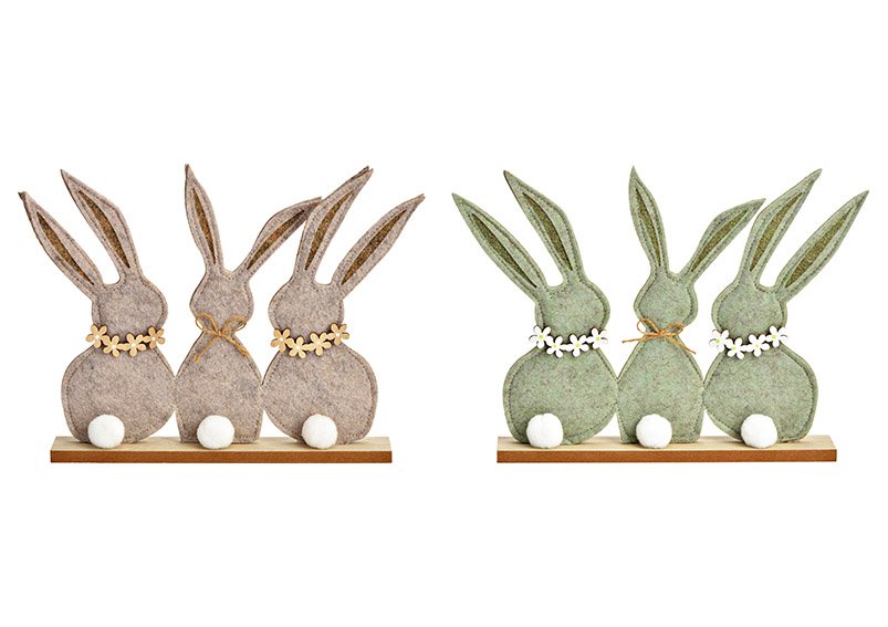 Présentoir groupe de lapins sur socle en bois feutre vert, beige 2 fois, (L/H/P) 28x21x4cm