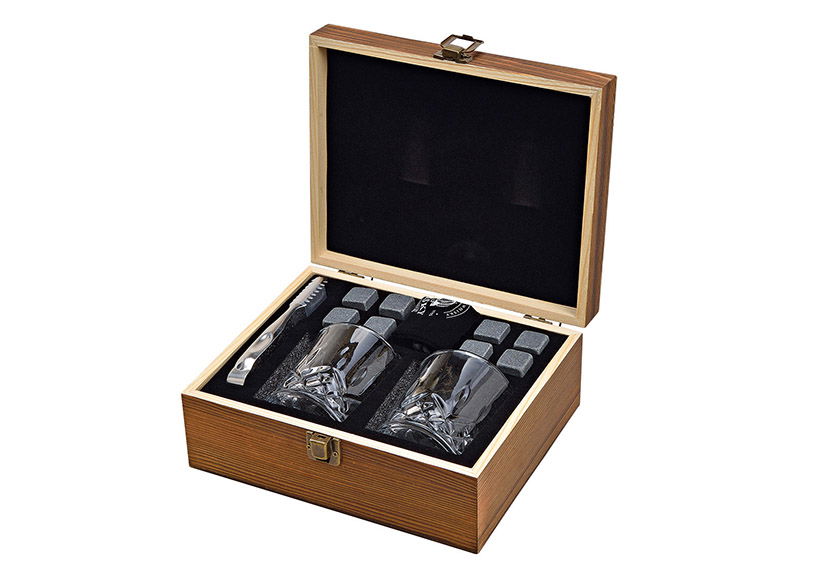 Whisky Stein Set, glaçons en pierre de basalte 2x2x2cm, 2 verres 9x8x9cm, 300ml, une pince Gris Set de 8, dans boîte en bois (L/H/P) 23,7x10x20,2cm