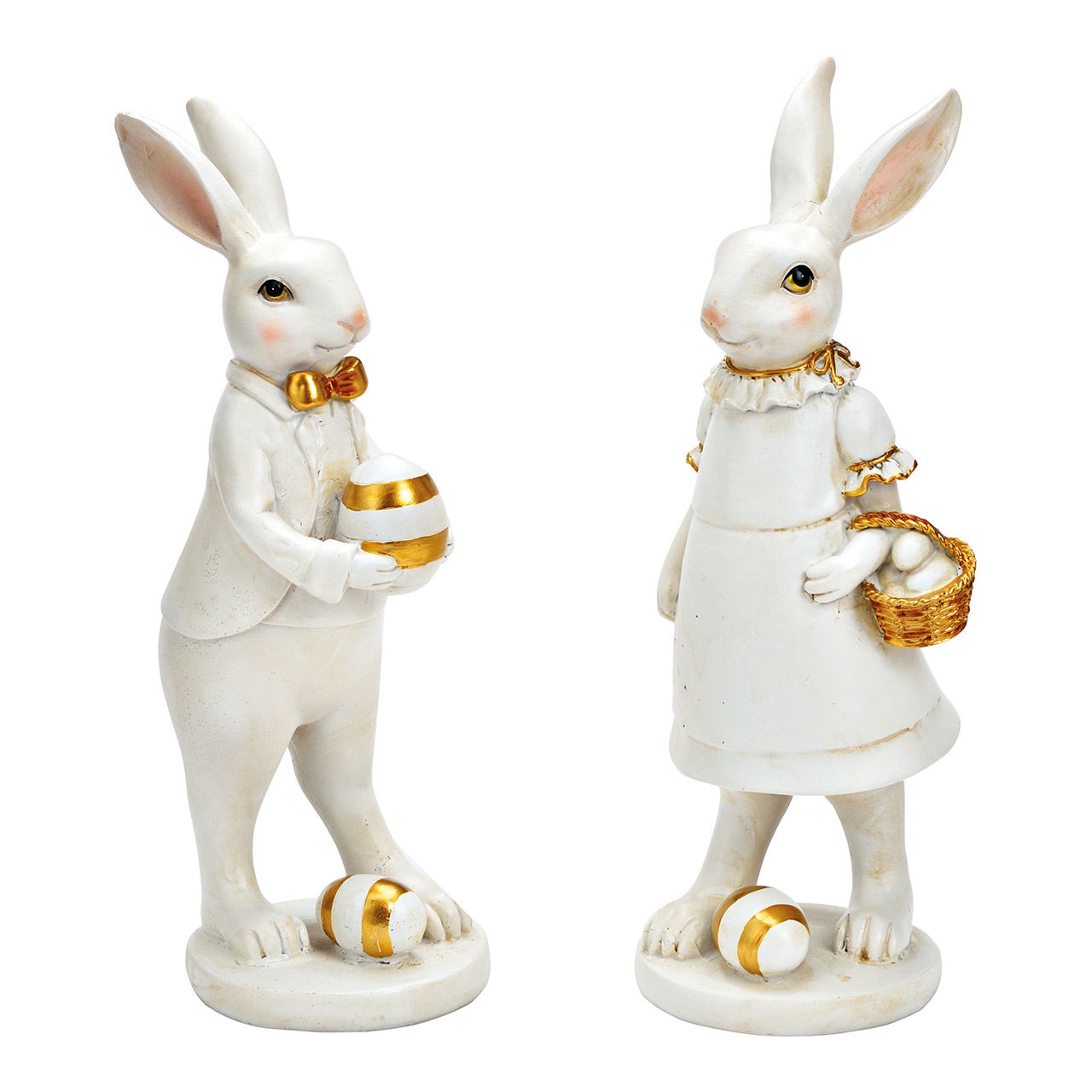 Bunny with egg, man and woman, made of poly white, gold 2-fold, (W/H/D) 10x30x12cm