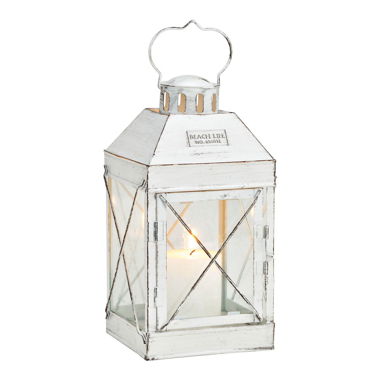 Farol en blanco de metal/vidrio, W14 x D14 x H27 cm