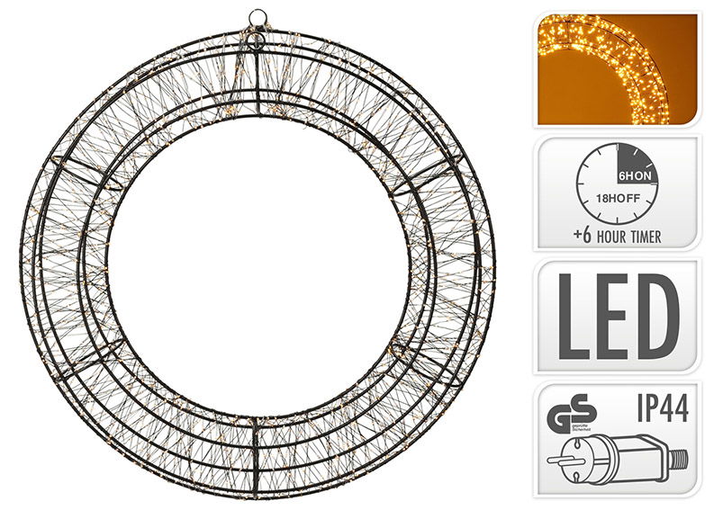 Corona di luci 1440 LED extra bianco caldo con timer 6/18, IP44 adattatore in plastica nero Ø50cm