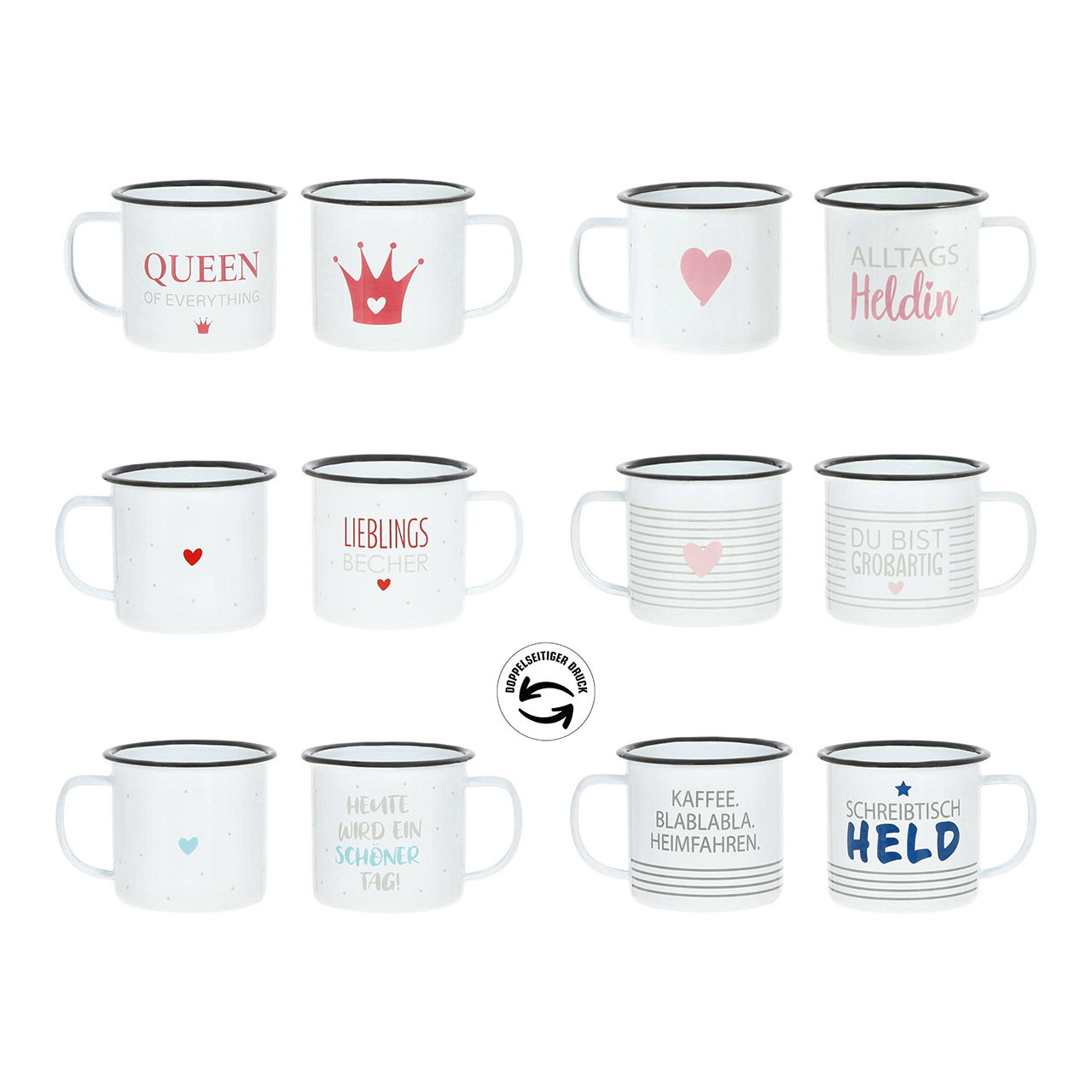 Mug with handle, 6 sayings assorted made of metal white 6-fold, (W/H/D) 9x8x9cm 350ml