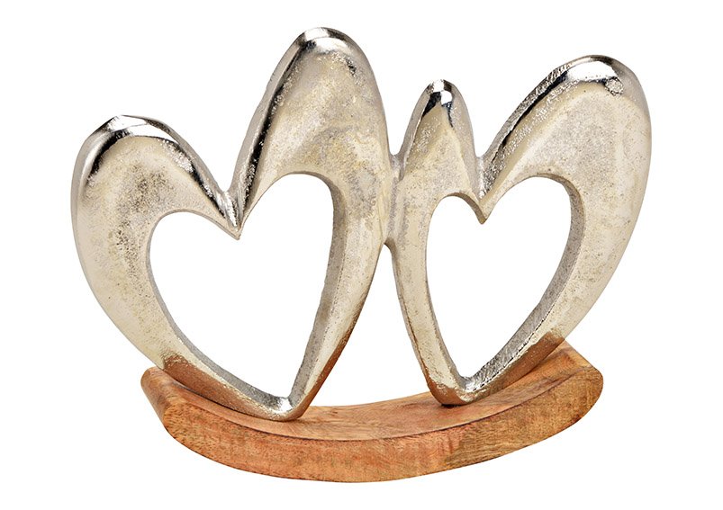 Aufsteller Schaukel Herz auf Mangoholz Sockel aus Metall Silber (B/H/T) 19x14x3cm