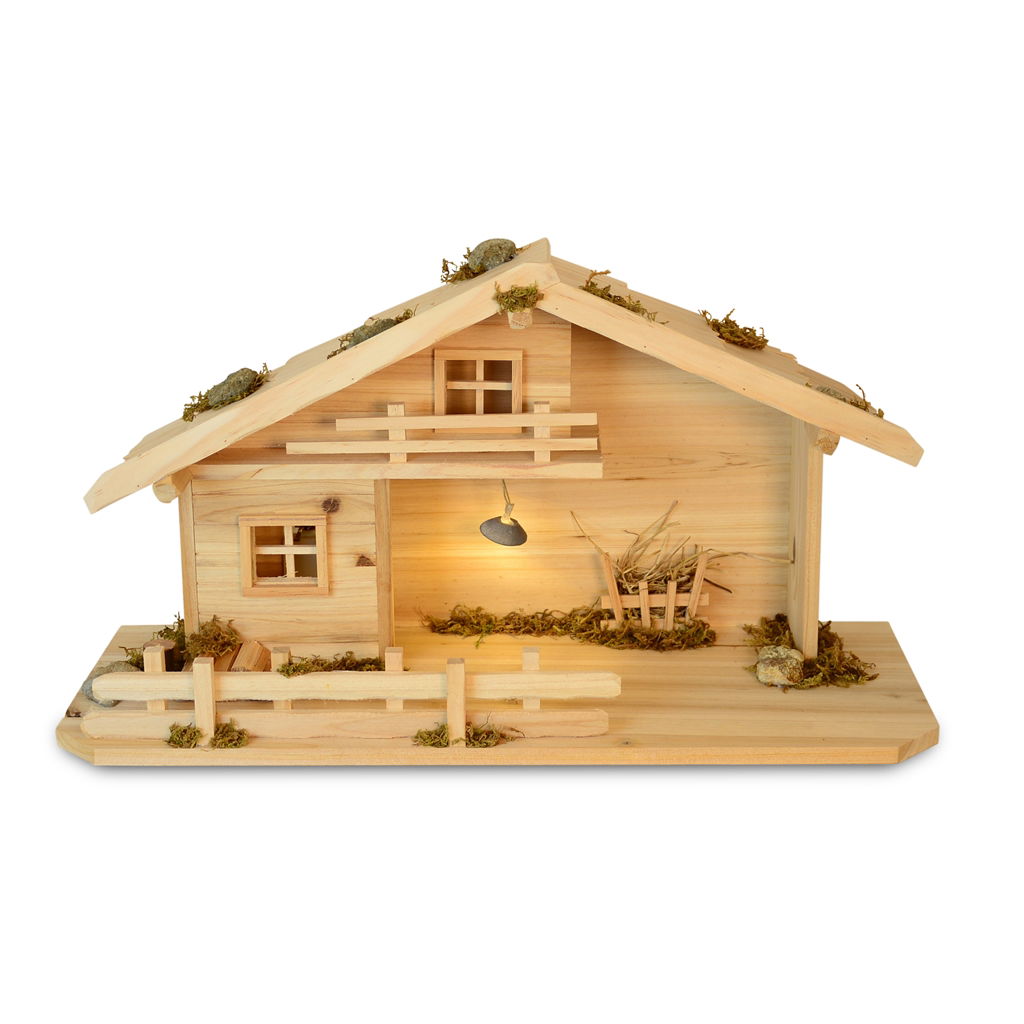 Krippenstall Tuchlalm, f. 8-11 cm Figuren (2xAA, nicht beinh.), 52x20.5x27.5 cm, 1 Stck, Hütte, Haus, Wohnen, Blockhütte, Holz