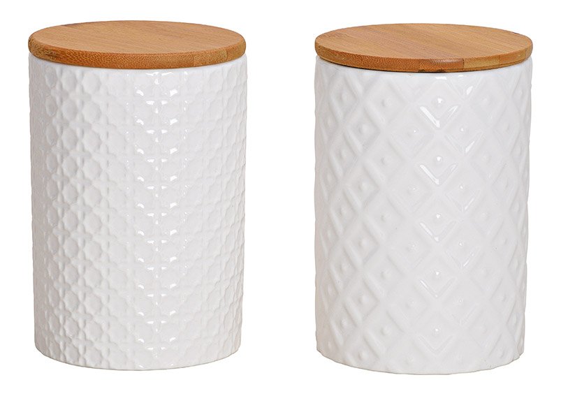 Vaso di stoccaggio decorazione retrò in porcellana, coperchio di bambù bianco 2 volte, (L/H/D) 10x14x10cm 800ml