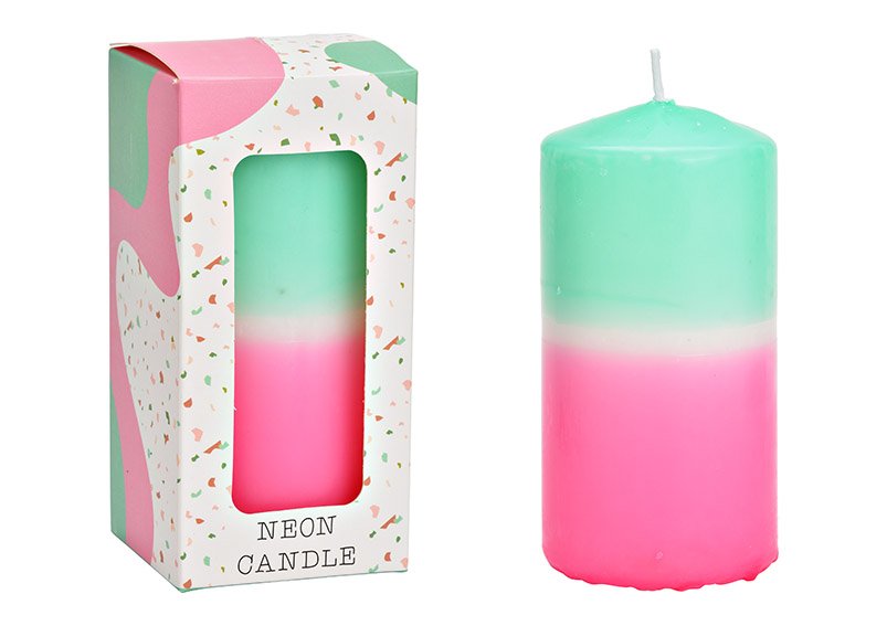 Pillar candle with gradient, pink/mint in gift box (W/H/D) 6x12x6cm