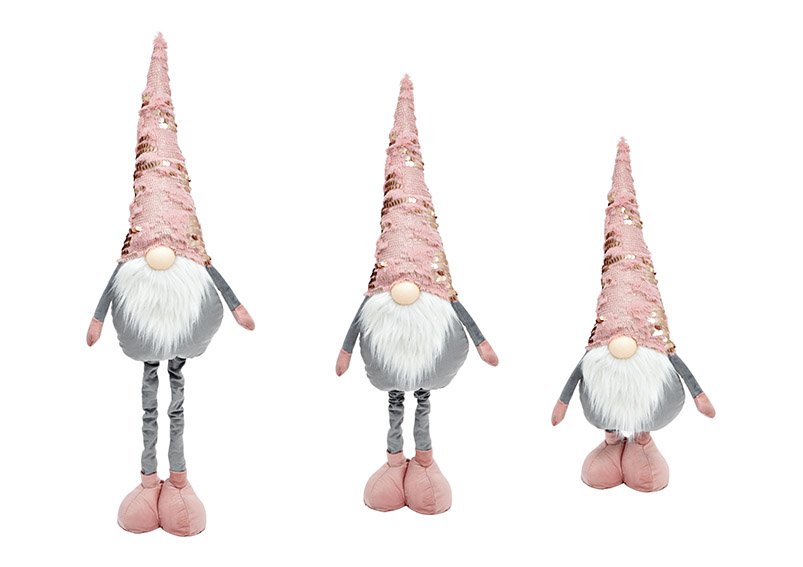 Gnome with telescopic legs of textile Pink / Pink, gray (W / H / D) 22x55x12cm / 22x82x12cm