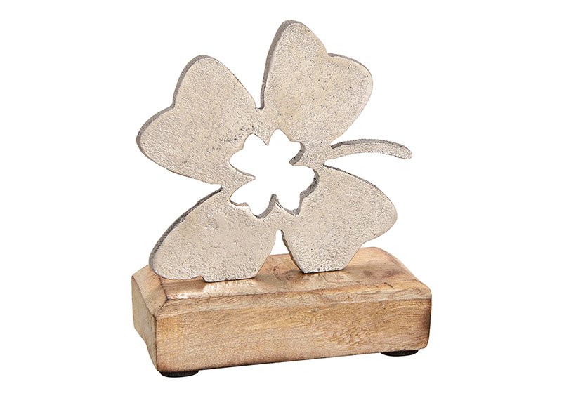 Display stand clover leaf metal on mangowood base silver 10x13x5cm