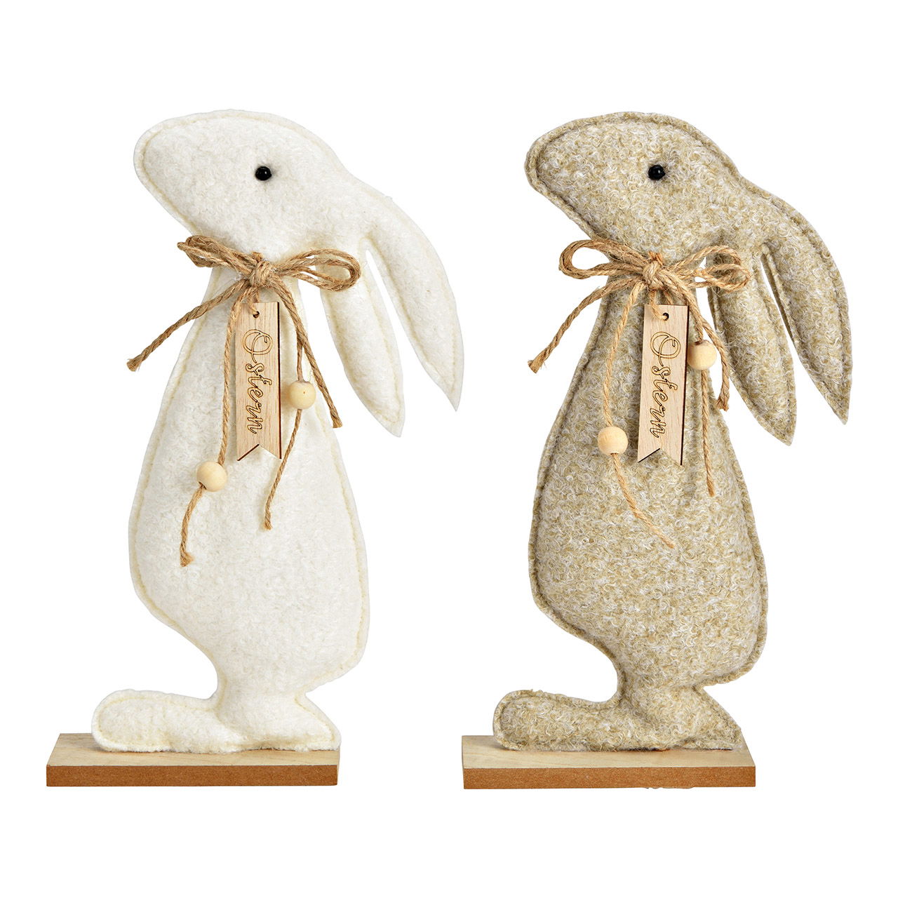 Présentoir lapin sur socle en bois textile naturel. blanc 2 fois, (L/H/P) 14x28x5cm