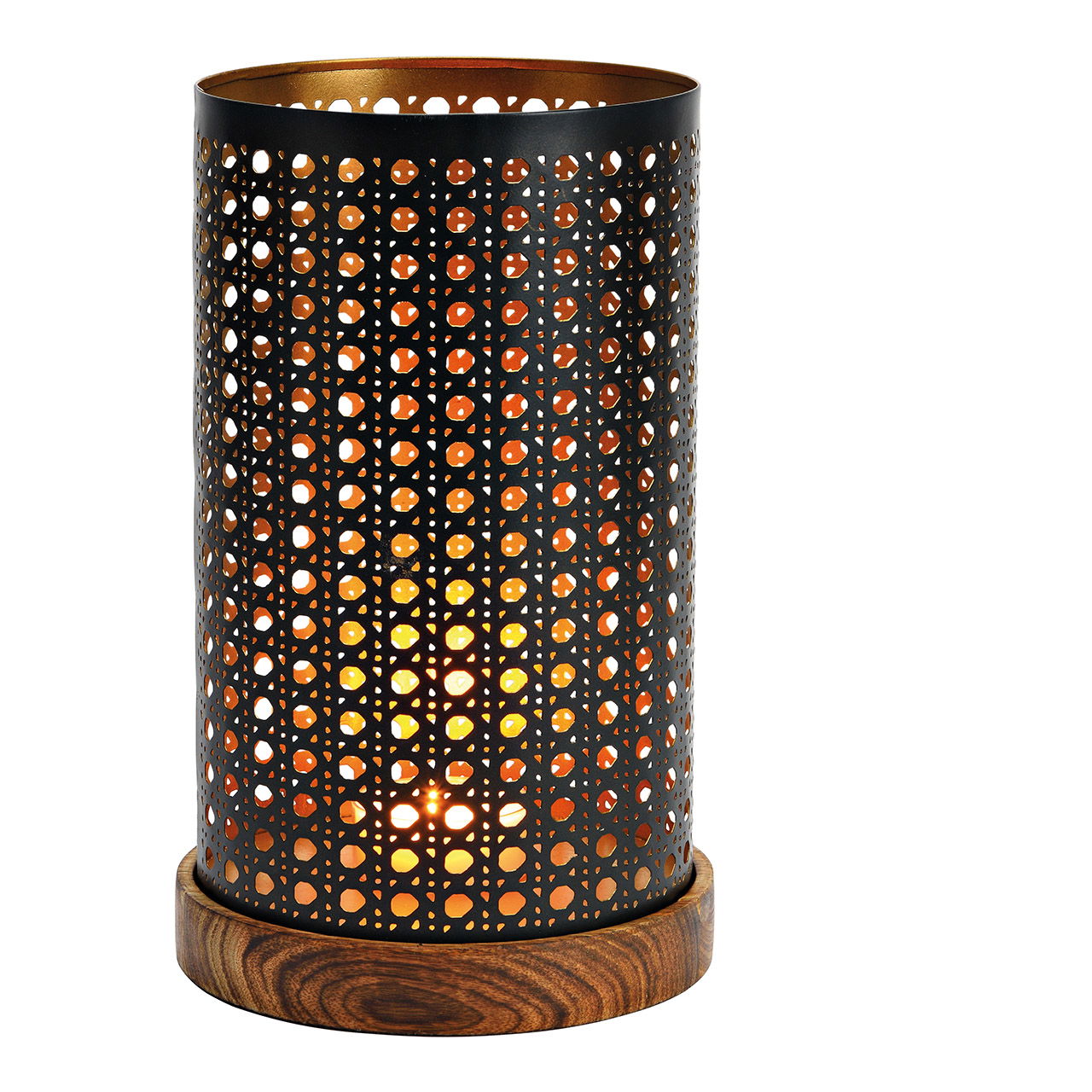 Lantern on mango wood base made of metal black, gold (W/H/D) 16x28x16cm