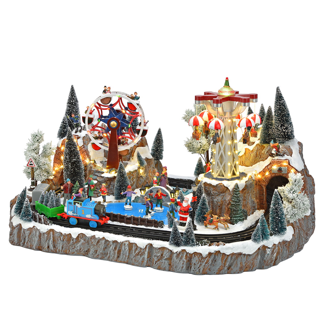 Weihnachtsdorf, Miniatur-Eisenbahn, Riesenrad, Schneelandschaft, Beleuchtet