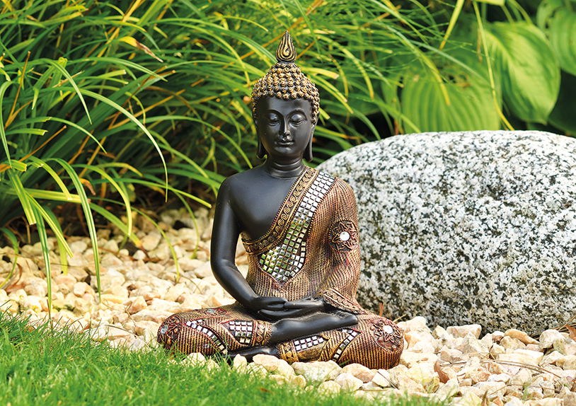 Buddha in black/gold made of poly, W21 x D12 x H27 cm Kunst, Erwachsener, Weiblich, Person, Frau