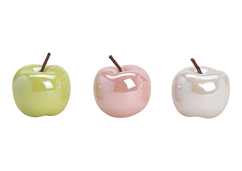 Apple ceramic, 3 assorted gree/pink/cream, (w/h/d) 9x9x9cm