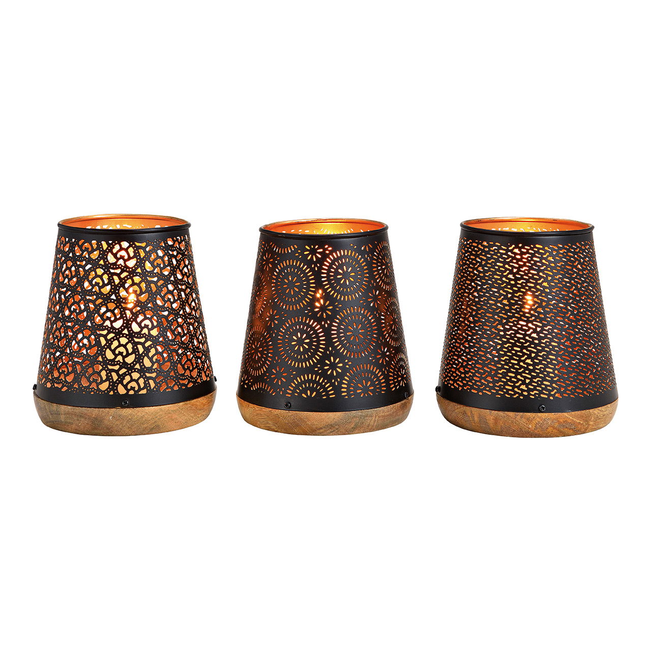 Windlicht  aus Metall auf Mangoholzsockel Schwarz,Gold 3-fach, (B/H/T) 14x18x14cm Lampe, Lampenschirm