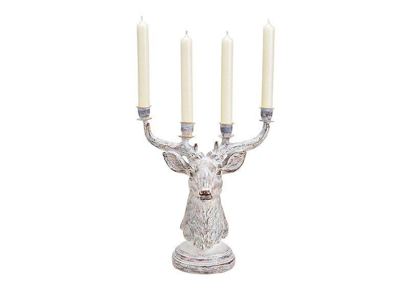 Portacandele testa di cervo per 4 candele, poli bianco (L/H/D) 27x30x15cm