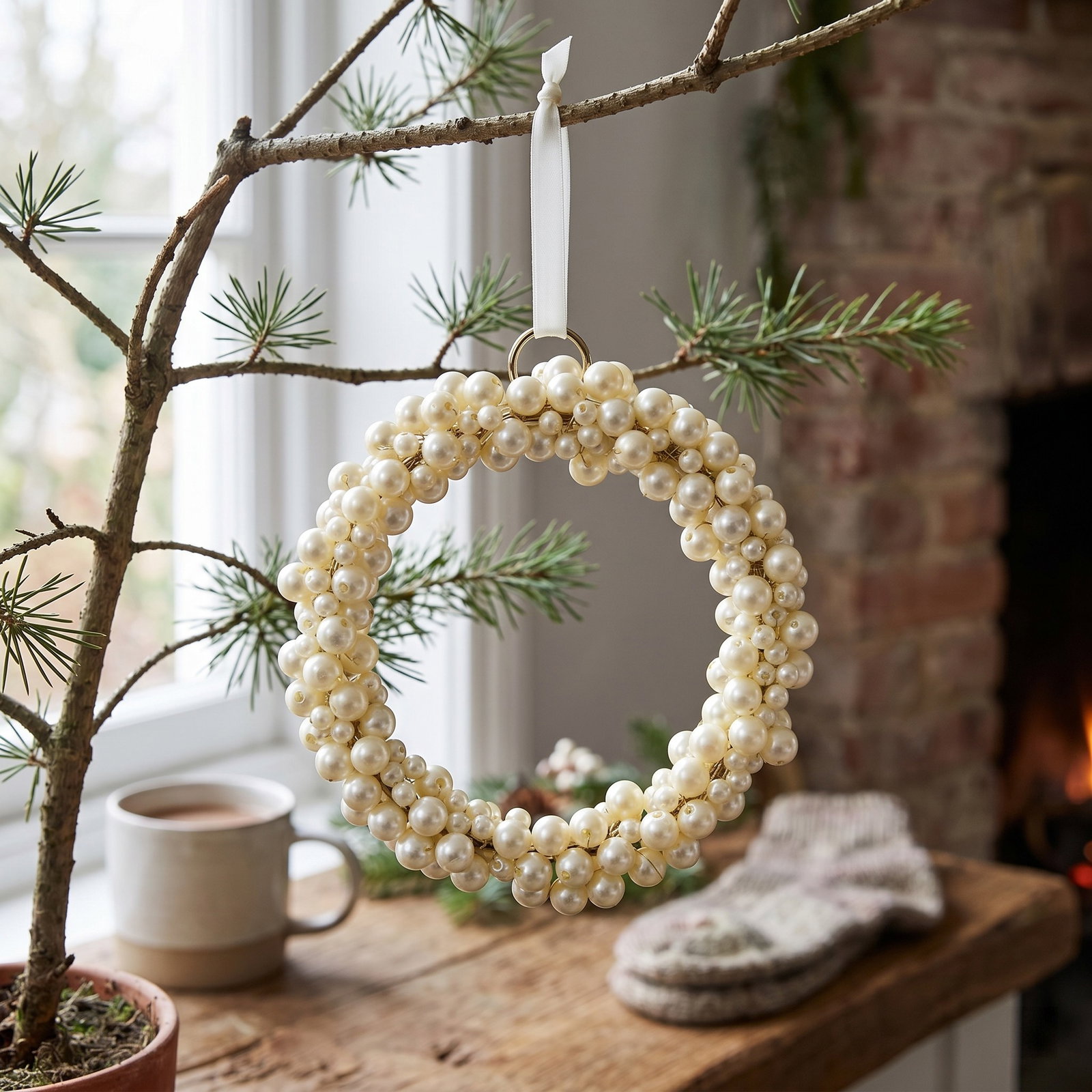 Perlenschmuck, Kreisring, Kunstperlen, Weiß, Anhänger