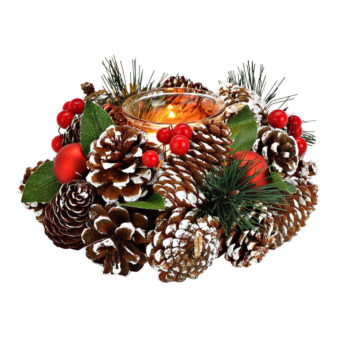 Portacandelitas Corona de Navidad de cristal, plástico y piñas Colorido (A/A/P) 19x9x19cm Portacandelitas Corona de Navidad de cristal, plástico y piñas Colorido (A/A/P) 19x9x19cm