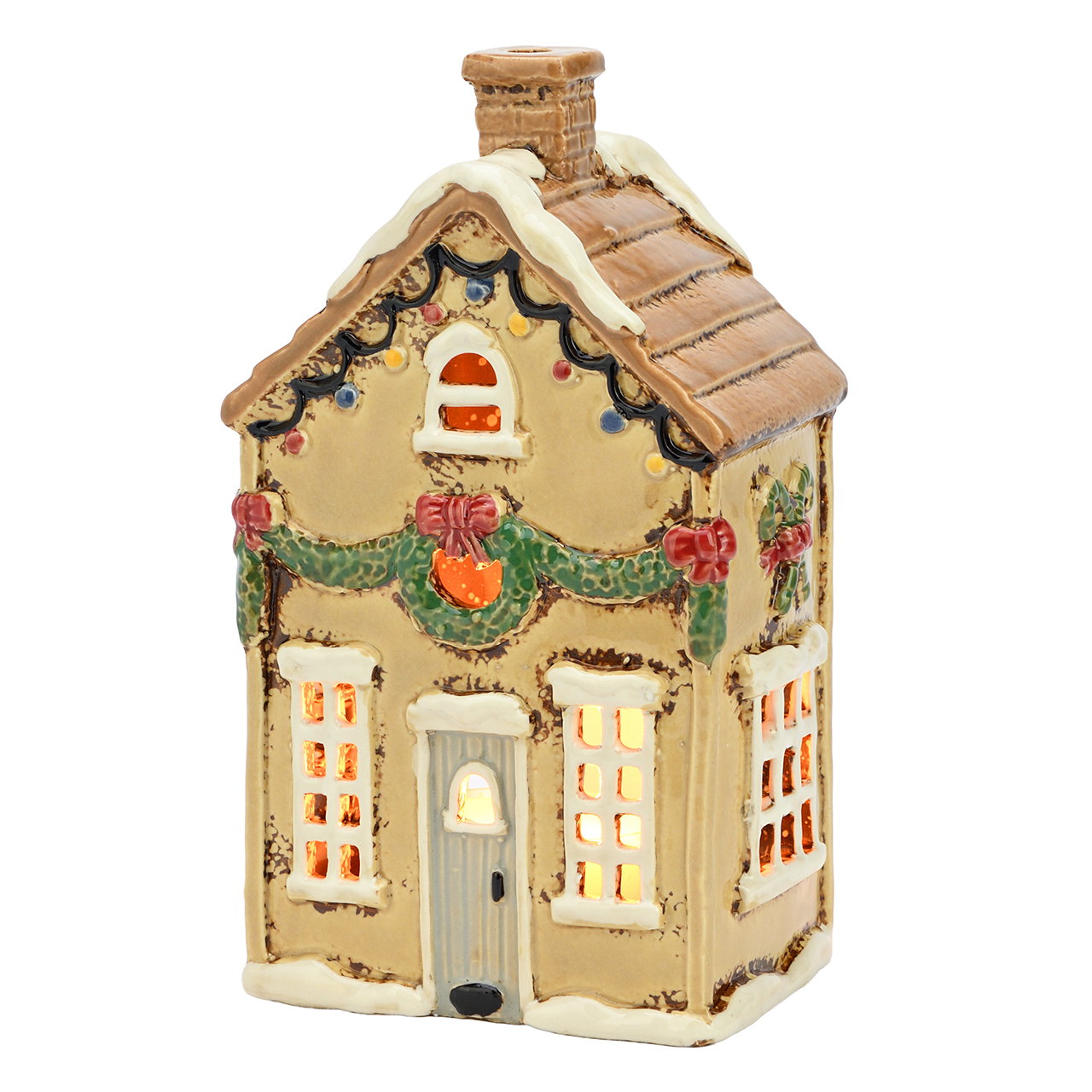 Windlicht Haus mit Kranz aus Steingut Gelb (B/H/T) 11x20x8cm Essen, Süßigkeiten, Plätzchen