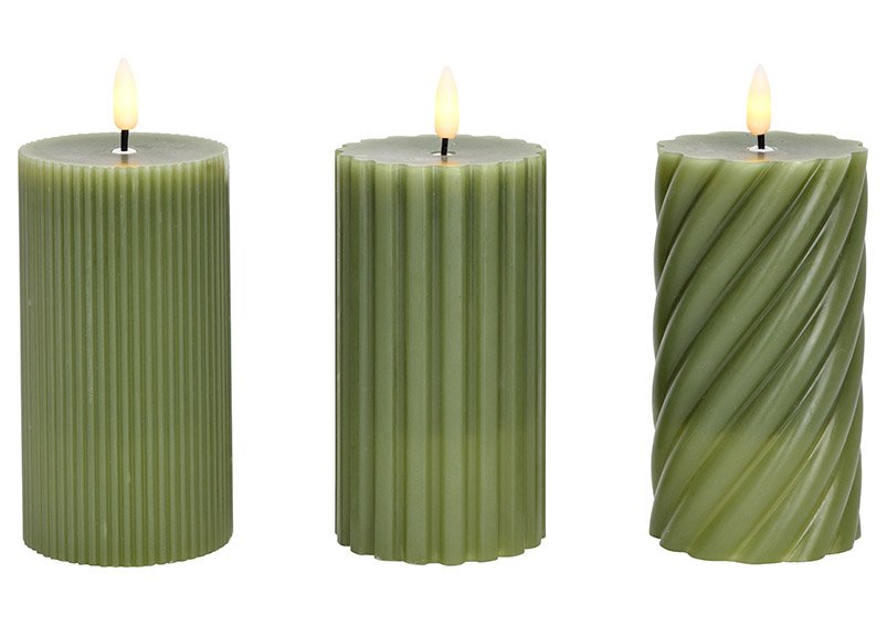 Candle LED warm white wick flame, 2xAAA not Incl. from wax green 3-fold, (W/H/D) 7x13x7cm