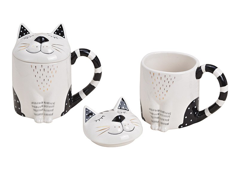 Mug cat with lid made of ceramic white, black, gold (w / h / d) 14x14x10cm