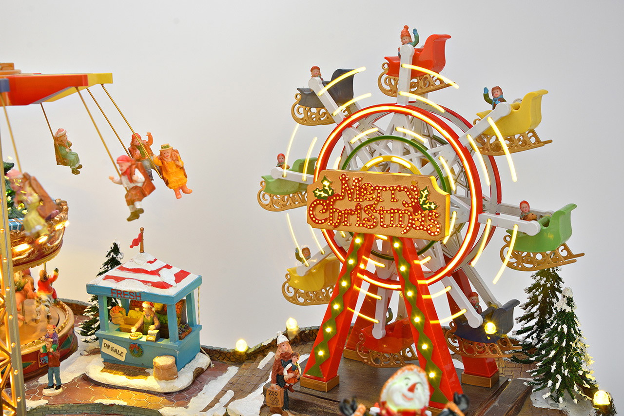 Weihnachtsdekoration, Miniatur-Riesenrad, LED-Beleuchtung, bunte Schlitten, Weihnachtsdorf