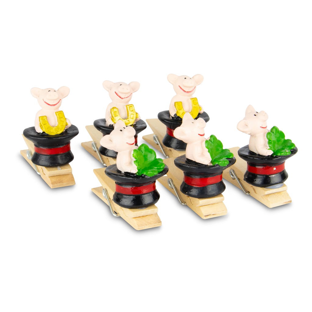 Clip a forma di maiale fortunato in cilindro, polietilene, 3x4x4,5 cm, 6 pezzi/confezione, nero-rosa Figur