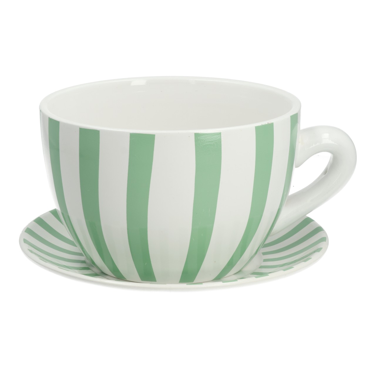Pflanztasse gestreift aus Keramik Grün (B/H/T) 25x14x23cm Kaffeetasse, Tasse, Grün-weiß Streifen, Porzellan, Untertasse