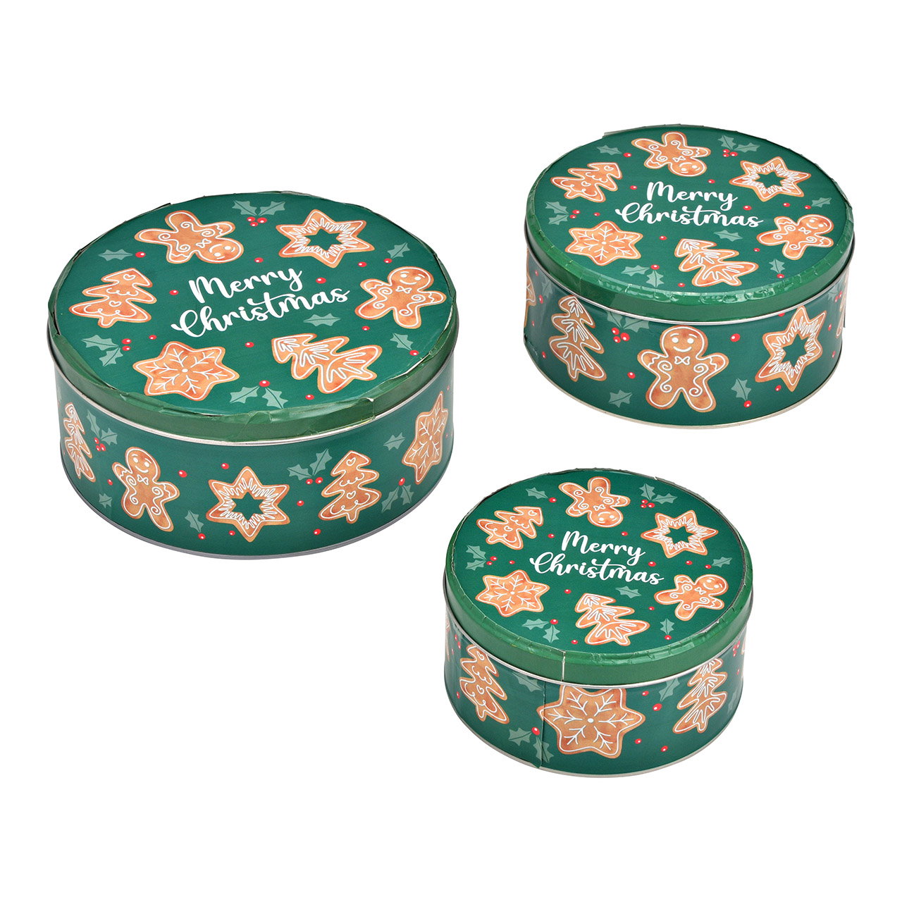 Set of round gingerbread tins, Merry Christmas set of 3, made of green metal (W/H/D) 19x8x19cm, 17x7x17cm, 14x6x14cm Set of round gingerbread tins, Merry Christmas set of 3, made of green metal (W/H/D) 19x8x19cm, 17x7x17cm, 14x6x14cm