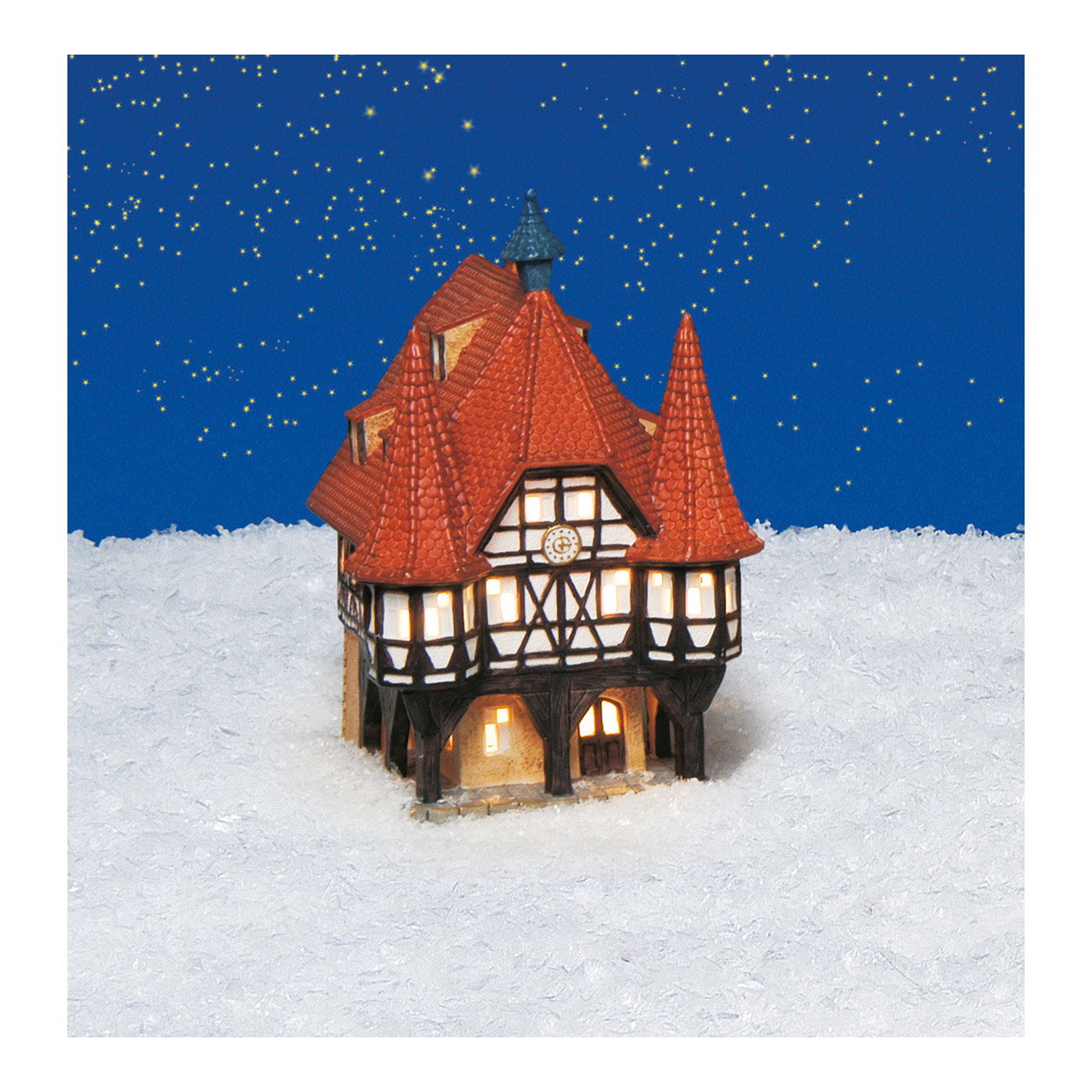 Wurm Lichthaus Rathaus Michelstadt aus Porzellan, Rot/Braun (B/H/T) 14x13x19cm Miniaturhaus, Stufendach, Rotes Dach, Fachwerk, beleuchtetes Haus