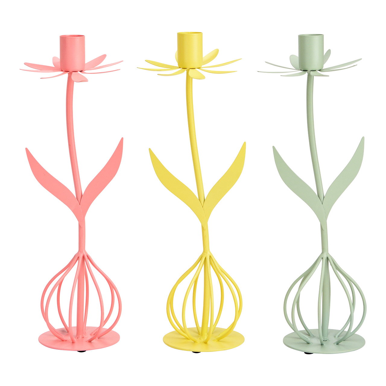Kerzenhalter Blume aus Metall, 3-fach, Gelb/Rosa/Grün (B/H/T) 9x30x8cm Kerze, Pflanze, Kerzenständer